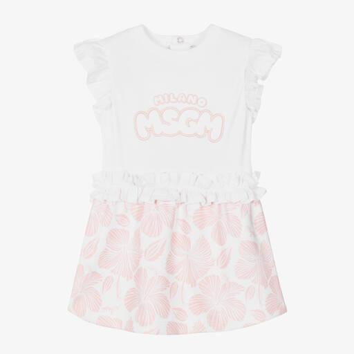 MSGM-Girls White & Pink Floral Cotton Dress | Childrensalon