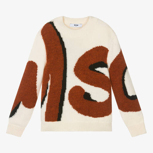 MSGM-Ivory & Brown Wool Sweater | Childrensalon