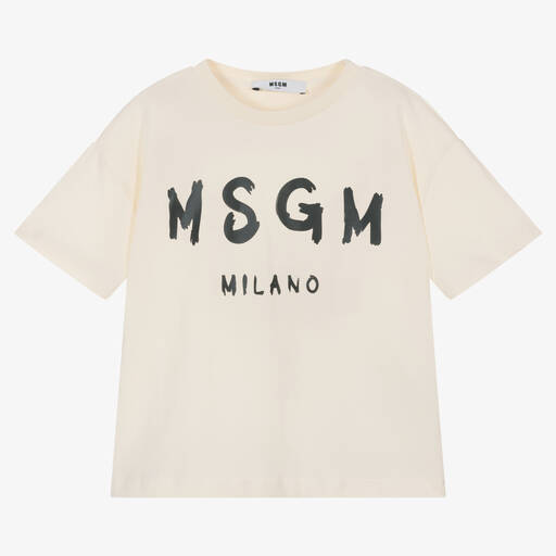 MSGM-Ivory Cotton Crew Neck T-Shirt | Childrensalon