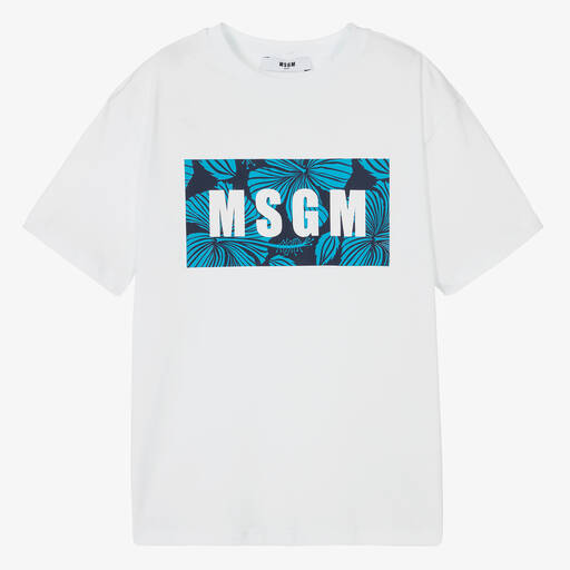 MSGM-Teen Boys White & Blue Cotton T-shirt | Childrensalon