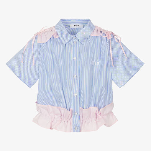 MSGM-Teen Girls Blue Striped Cotton Blouse | Childrensalon