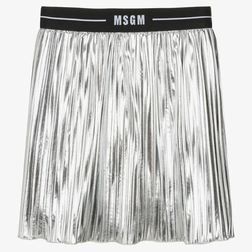 MSGM-Teen Girls Pleated Metallic Silver Skirt | Childrensalon