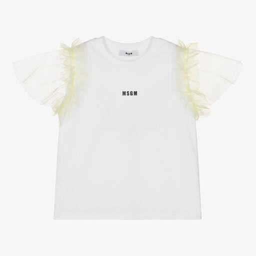 MSGM-Белая футболка из хлопка и тюля для девочек-подростков | Childrensalon