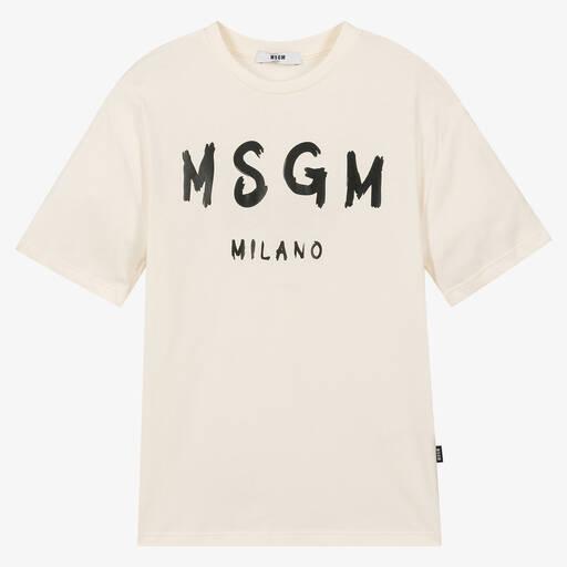 MSGM-Teen Ivory Cotton Crew Neck T-Shirt | Childrensalon