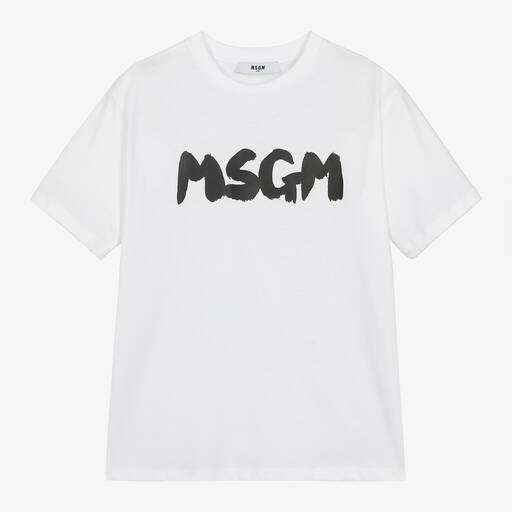 MSGM-White Cotton Brushstroke Logo T-Shirt | Childrensalon