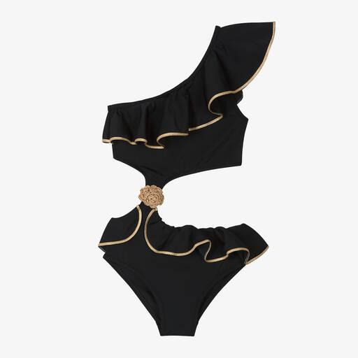 Nessi Byrd-Girls Black One Shoulder Swimsuit (UV50) | Childrensalon