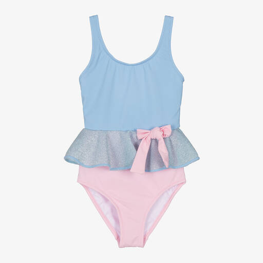 Nessi Byrd-Girls Blue & Pink Bow Swimsuit | Childrensalon