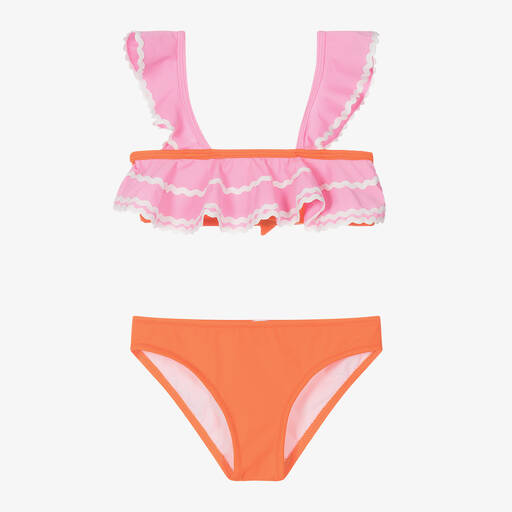 Nessi Byrd-Girls Orange & Pink Ruffle Bikini (UV50) | Childrensalon