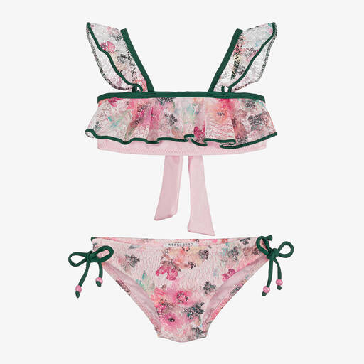 Nessi Byrd-Girls Pink Floral Lace Frill Bikini (UV50) | Childrensalon