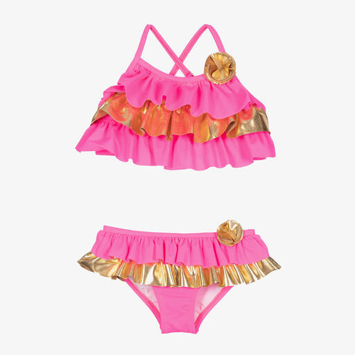 Nessi Byrd-Girls Pink & Gold Ruffle Bikini (UV50) | Childrensalon
