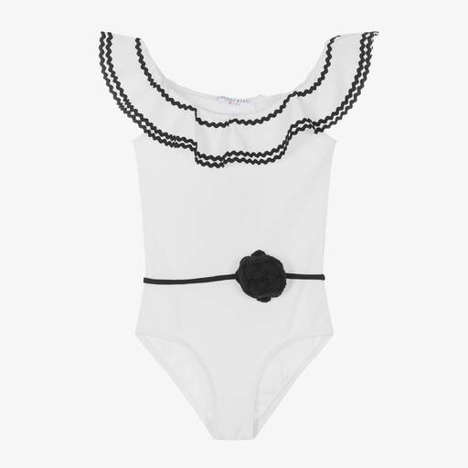 Nessi Byrd-Girls White Ruffle Swimsuit (UV50) | Childrensalon