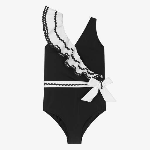 Nessi Byrd-Teen Girls Black Ruffle Swimsuit (UV50) | Childrensalon