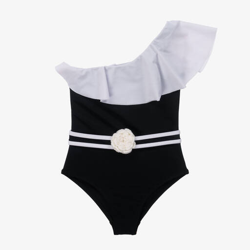 Nessi Byrd-Teen Girls Black & White Asymmetric Swimsuit (UV50) | Childrensalon