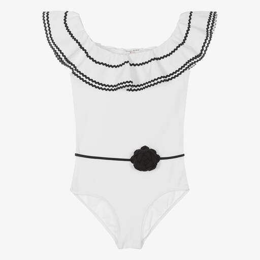 Nessi Byrd-Teen Girls White Ruffle Swimsuit (UV50) | Childrensalon