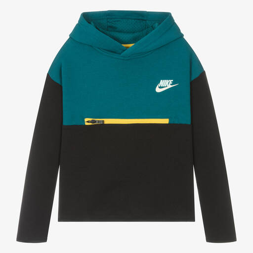 Nike-توب هودي قطن جيرسي لون أسود وأخضر فيروزي | Childrensalon