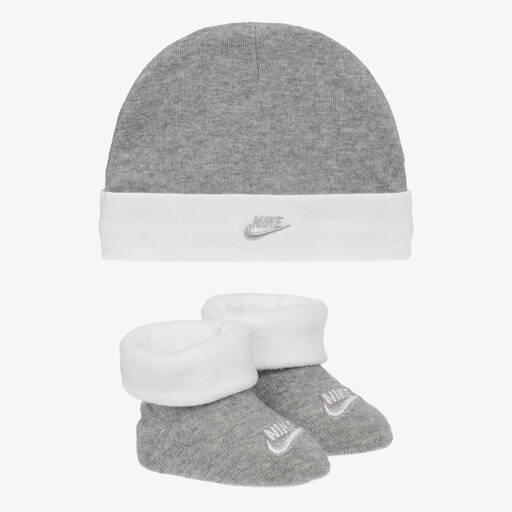 Nike-طقم قبعة وبوت شتوى أطفال ولادى  قطن جيرسى  لون رمادي وأبيض  | Childrensalon