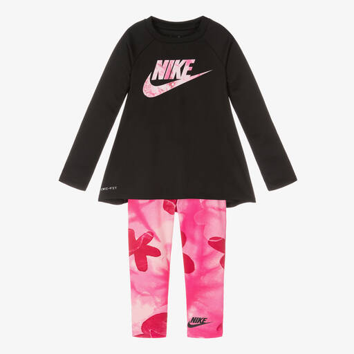 Nike-Girls Pink & Black Sports Leggings Set | Childrensalon