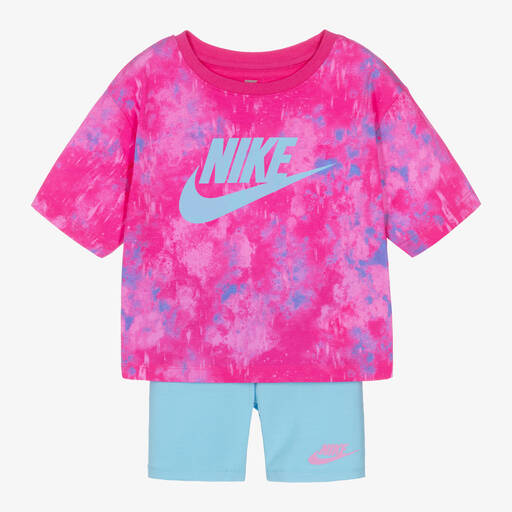 Nike-Girls Pink & Blue Cotton Shorts Set | Childrensalon