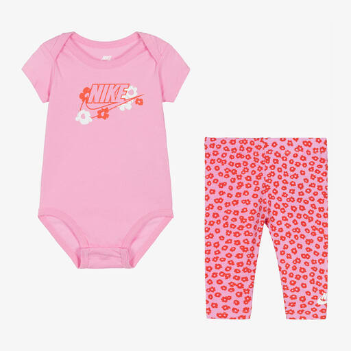 Nike-Girls Pink Floral Cotton Babysuit Set | Childrensalon