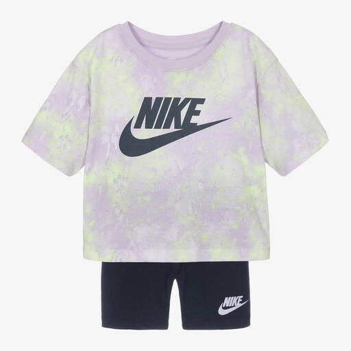 Nike-طقم شورت مزيج قطن لون كحلي وأرجواني للبنات | Childrensalon