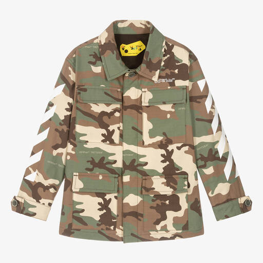 Off-White-Boys Green & Brown Camouflage Jacket | Childrensalon