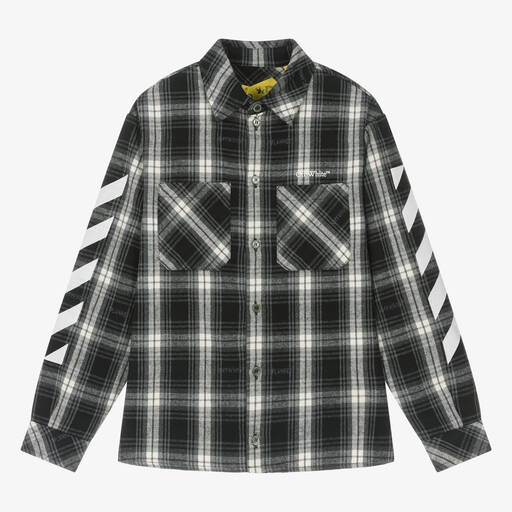 Off-White-Teen Boys Black Check Flannel Shirt | Childrensalon