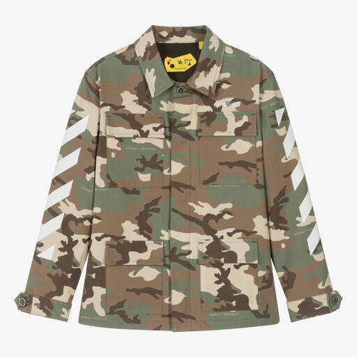 Off-White-Teen Boys Green & Brown Camouflage Jacket | Childrensalon