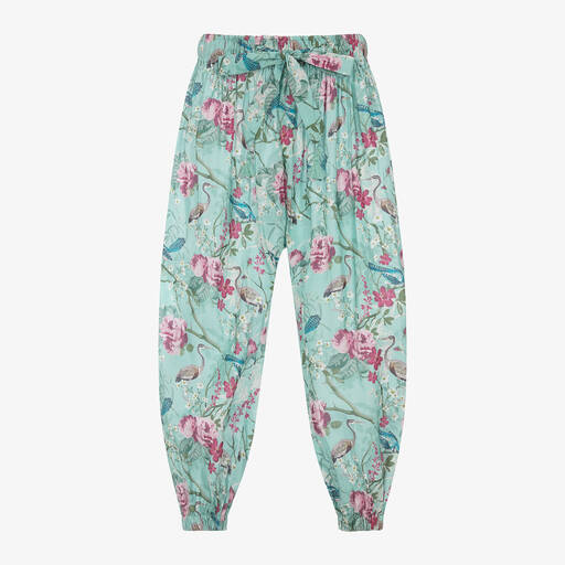 Olga Valentine-Girls Green Floral Print Cotton Trousers | Childrensalon