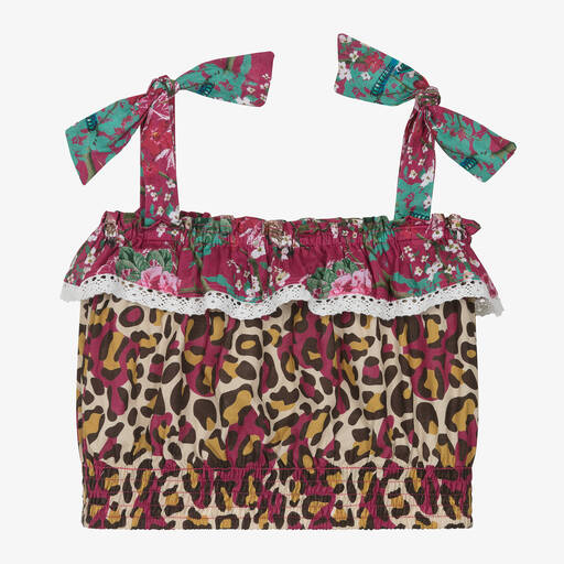 Olga Valentine-Girls Pink Floral & Leopard Cotton Blouse | Childrensalon