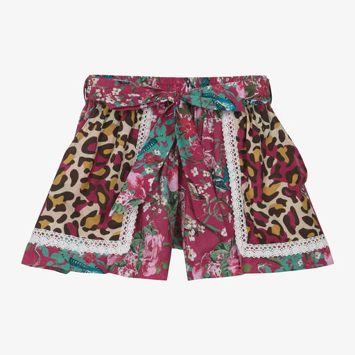 Olga Valentine-Girls Pink Floral & Leopard Cotton Shorts | Childrensalon