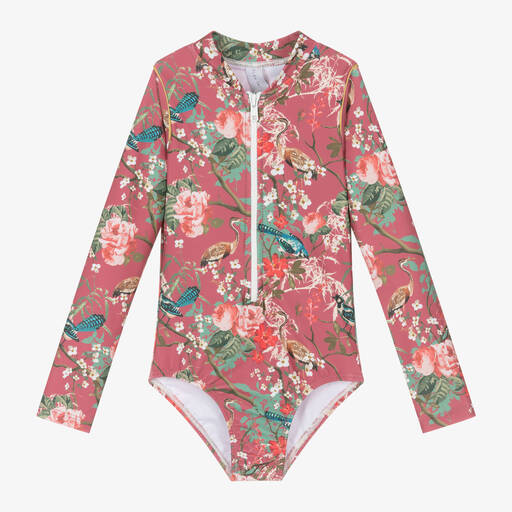 Olga Valentine-Girls Pink Floral Swimsuit (UPF50+) | Childrensalon