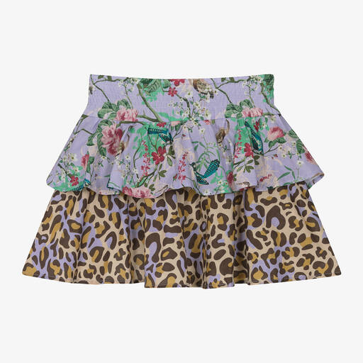 Olga Valentine-Girls Purple Floral & Leopard Cotton Skirt | Childrensalon