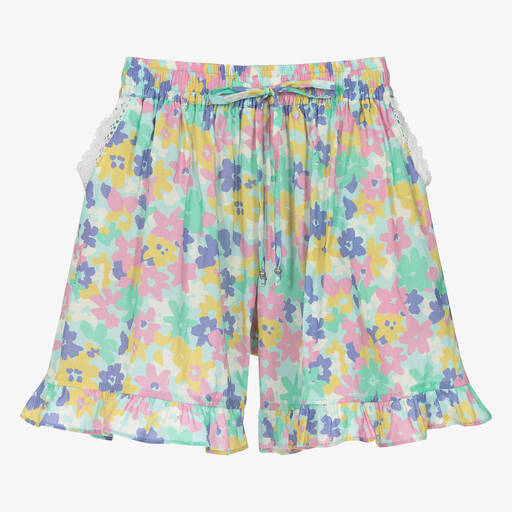 Olga Valentine-Teen Girls Blue Floral Print Cotton Shorts  | Childrensalon