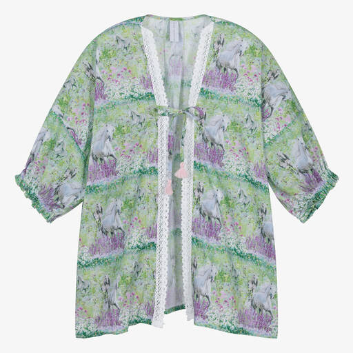 Olga Valentine-Teen Girls Green Horse Print Cotton Kimono | Childrensalon