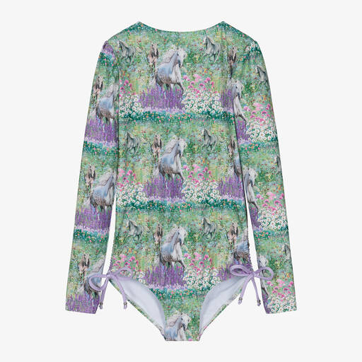 Olga Valentine-Teen Girls Green Horse Print Swimsuit (UPF50+) | Childrensalon