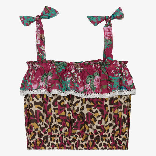 Olga Valentine-Teen Girls Pink Floral & Leopard Cotton Blouse | Childrensalon