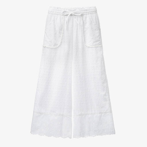 Olga Valentine-Teen Girls White Wide Leg Cotton Trousers | Childrensalon