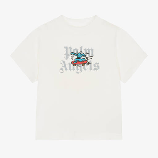 Palm Angels-Ivory Organic Cotton Keith Haring T-Shirt | Childrensalon
