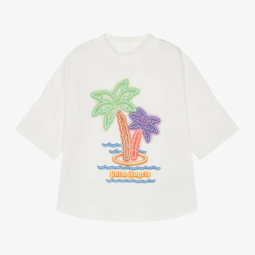 Palm Angels-Ivory Organic Cotton Palm Tree T-Shirt | Childrensalon