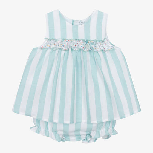 Paloma de la O-Baby Girls Green Striped Cotton Dress | Childrensalon