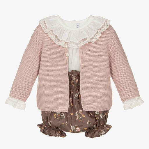 Paloma de la O-Baby Girls Pink & Brown Cotton Shorts Set | Childrensalon