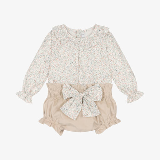 Paloma de la O-Baby Girls White & Beige Floral Shorts Set | Childrensalon