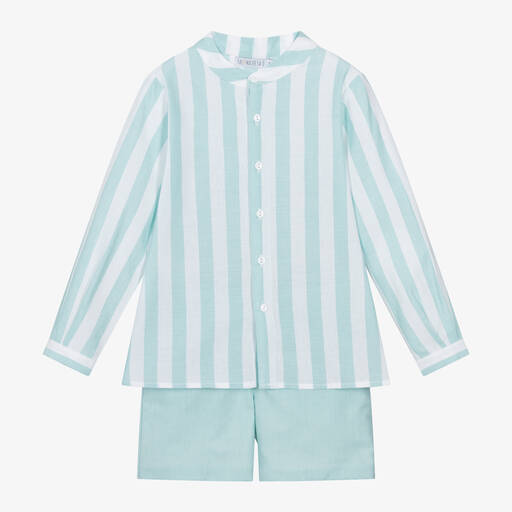 Paloma de la O-Boys Green Striped Cotton Shorts Set | Childrensalon
