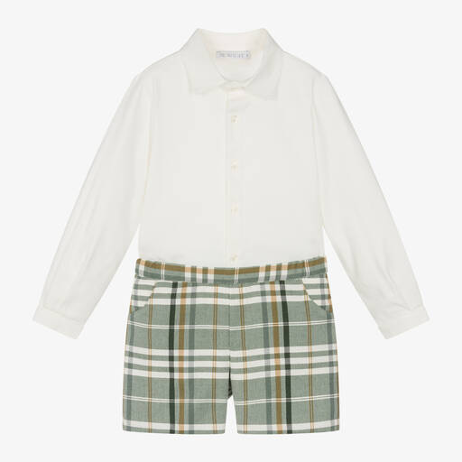 Paloma de la O-Boys Ivory & Green Check Shorts Set | Childrensalon