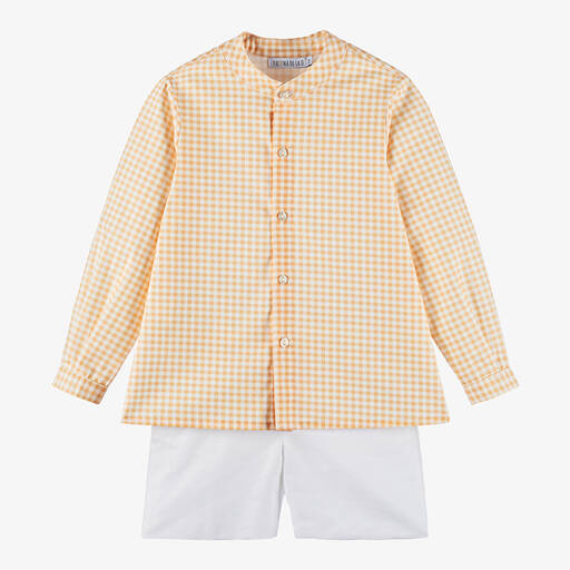 Paloma de la O-Boys Orange Check Shirt & White Shorts Set | Childrensalon