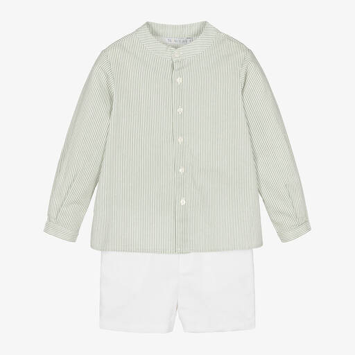 Paloma de la O-Boys Sage Green Striped Cotton Shorts Set | Childrensalon