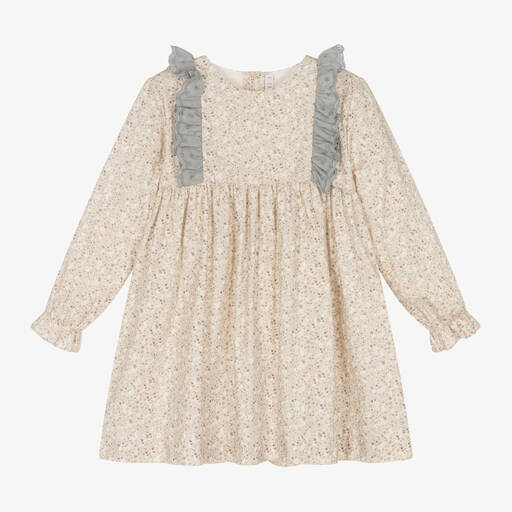 Paloma de la O-Girls Beige Floral Print Cotton Dress | Childrensalon