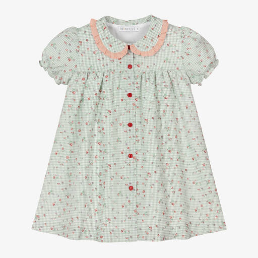 Paloma de la O-Girls Green Cotton Gingham Floral Dress | Childrensalon