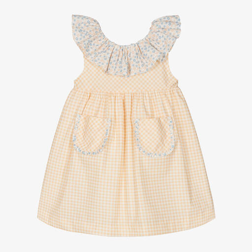 Paloma de la O-Girls Orange Gingham Cotton Dress | Childrensalon