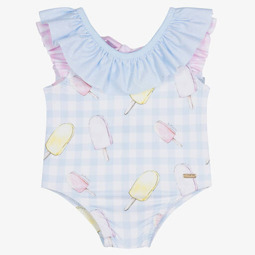 Patachou-Baby Girls Blue & White Checked Swimsuit | Childrensalon